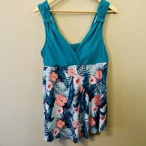 Women's Plus Size 2X Tropical Tankini Swim Top Hibiscus Teal Pink Beach Resort